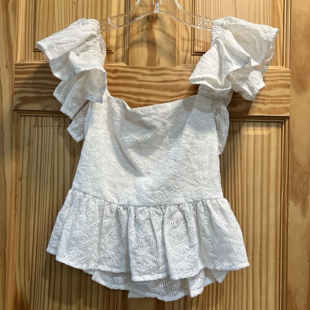 Blue Rain White Eyelet Peplum Top XS Tie Back Ruffle Flutter Sleeve Cottagecore